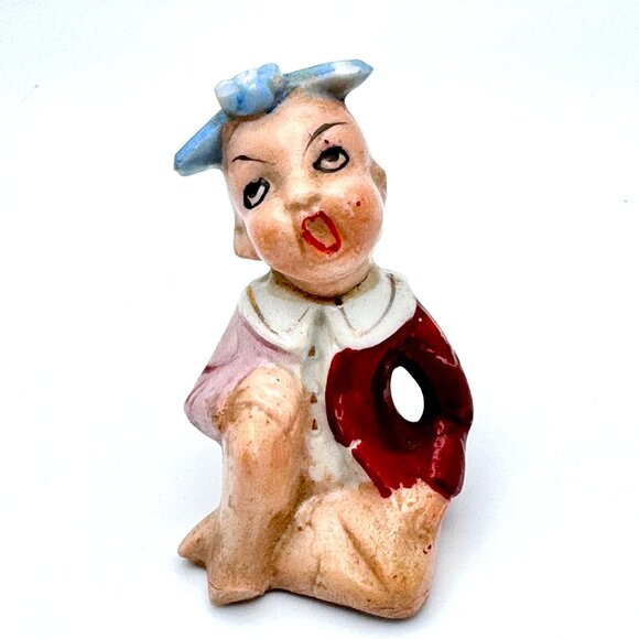 Hand-Painted Japanese Pixie Porcelain Figurine Blue Bow Red Coat Vtg Dragonfly - Picture 1 of 6
